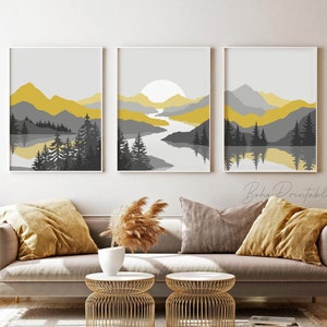 Gray Mustard Abstract Mountain Print Set of 3, Minimal Landscape Printable Wall Art, DIGITAL DOWNLOAD, Mid Century Modern, Boho Wall Decor