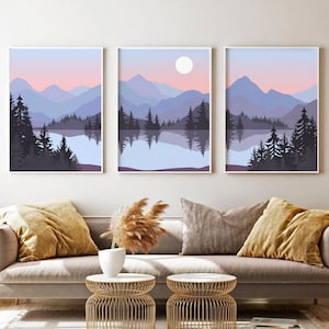 Abstract Mountain Lake Print Set of 3, Blue Grey Peach Landscape Printable Wall Art, DIGITAL DOWNLOAD, Mid Century Modern Art Trees Scenery