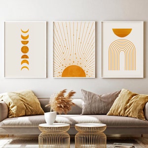 Celestial Print Set of 3, Sun Moon Phases Printable Wall Art, DIGITAL DOWNLOAD, Boho Gallery Wall Set, Mid Century Modern Art, Boho Decor