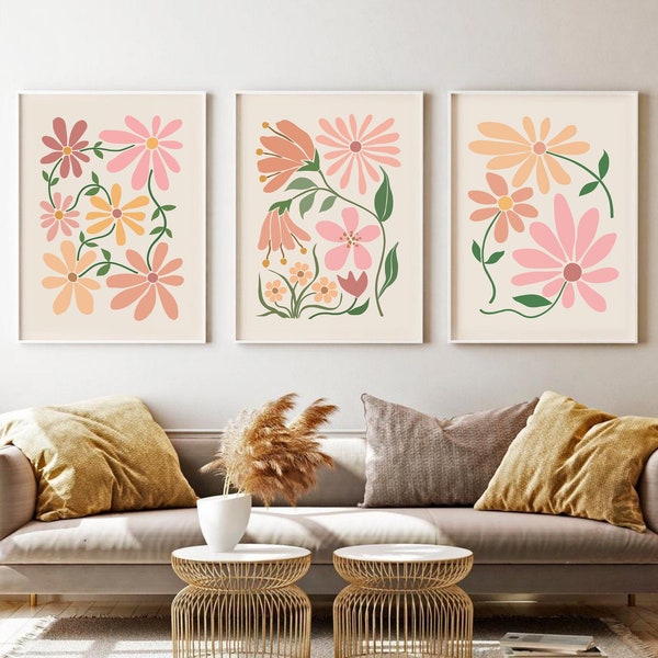 Abstract Flowers Print Set of 3, Boho Printable Art, DIGITAL DOWNLOAD, Terracotta Floral Gallery Wall Set, Flower Market Poster, Boho Decor