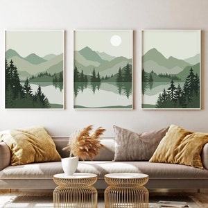 Sage Green Abstract Mountain Print Set of 3, Lake Landscape Printable Wall Art, DIGITAL DOWNLOAD, Mid Century Modern Art, Trees Scenery