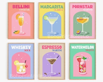 May include: Six colourful printable posters featuring different cocktails. Each poster has a pink, blue or green background with a white archway. The posters feature the following cocktails: Bellini Cocktail, Margarita Clasica, Pornstar Martini, Whiskey Sour, Espresso Martini, and Watermelon Mojito.