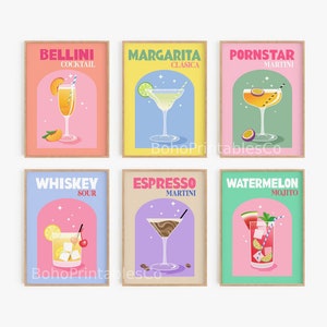 Juego de 6 impresiones de cócteles, arte de pared imprimible con carrito de bar, DESCARGA DIGITAL, carteles de cócteles retro, arte de pared con bebidas coloridas, decoración de carrito de bar para el hogar