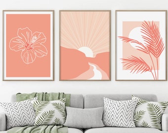 Boho Abstract Set of 3 Prints, PRINTABLE Wall Art, Peachy Boho Wall Decor, Peach Tone Boho Gallery Wall, Desert Sun Prints, Digital Download