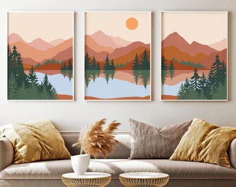 Abstract Mountain Lake Trees Print Set of 3, DIGITAL DOWNLOAD, Mid Century Modern Wall Art, Boho Printable Art, Landscape Gallery Wall Set