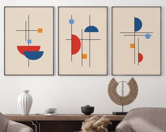 Bauhaus Poster Set of 3, Bauhaus Printable Wall Art, Geometric Abstract Shape Prints, Red Blue Mustard Gallery Wall Set, DIGITAL DOWNLOAD