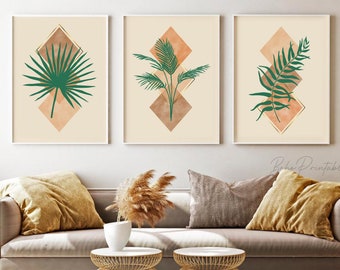 Boho Botanical Print Set of 3, Abstract Palm Leaf Prints, Printable Wall Art DIGITAL DOWNLOAD Boho Gallery Wall Set, Terracotta Wall Decor