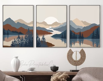 Abstract Mountain Lake Trees Print Set of 3, Landscape Gallery Wall Set, DIGITAL DOWNLOAD, Mid Century Modern Printable Wall Art, Boho Decor