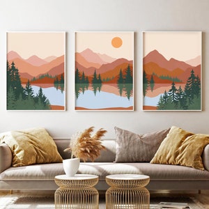 Abstract Mountain Lake Trees Print Set of 3, DIGITAL DOWNLOAD, Mid Century Modern Wall Art, Boho Printable Art, Landscape Gallery Wall Set