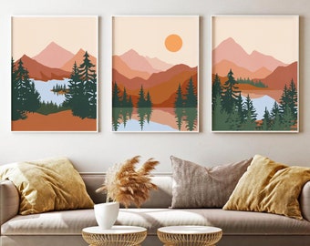 Abstract Mountain Print Set of 3, DIGITAL DOWNLOAD, Mid Century Modern Wall Art, Printable Wall Art, Boho Landscape Prints, Gallery Wall Set