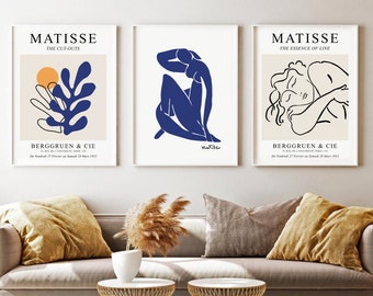 Navy Blue Matisse Print Set of 3, Henri Matisse Exhibition Poster, DIGITAL DOWNLOAD, Modern Gallery Wall Set, Abstract Printable Wall Art