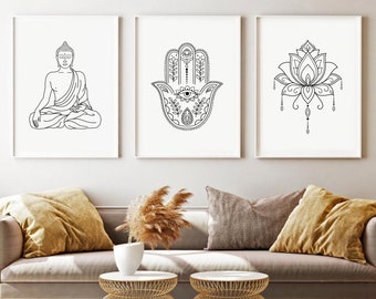 Zen linjekonsttryck set om 3, meditation utskrivbar väggkonst, yogaväggkonst, Buddha Lotus Hamsa-tryck boho galleriväggset DIGITAL NEDLADDNING