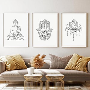 Zen Line Art Prints Set of 3, Meditation PRINTABLE Wall Art, Yoga Wall Art, Buddha Lotus Hamsa Prints Boho Gallery Wall Set DIGITAL DOWNLOAD