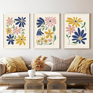 Abstract Flowers Print Set of 3, Mustard Navy Blush Pink Gallery Wall Set, DIGITAL DOWNLOAD, Floral Printable Wall Art, Botanical Poster Set