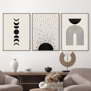 Celestial Print Set of 3, Sun Moon Phases Printable Wall Art, DIGITAL DOWNLOAD, Boho Gallery Wall Set, Mid Century Modern Art, Boho Decor