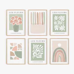 Sage Green Print Set of 6, Abstract Botanical Printable Wall Art, DIGITAL DOWNLOAD, Sage Green Peach Beige Prints, Floral Gallery Wall Set