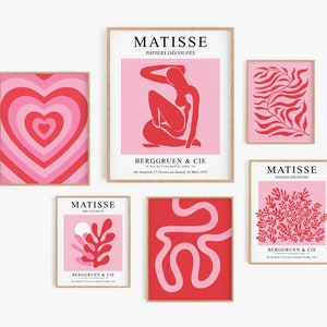Pink and Red Print Set of 6, DIGITAL DOWNLOAD, Matisse Gallery Wall Set, Abstract Printable Wall Art, Trendy Wall Decor, Maximalist Decor