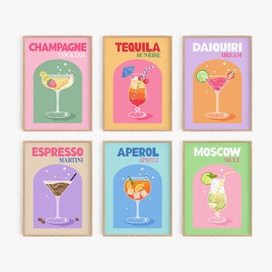 Cocktail Print Set of 6, Colorful Bar Cart Gallery Wall Set, DIGITAL DOWNLOAD, Retro Cocktail Posters, Bar Printable Art, Drinks Wall Decor