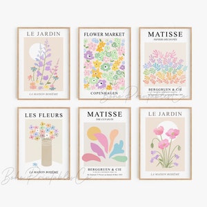 Pastel Floral Print Set of 6, Les Fleurs Flower Market Prints, DIGITAL DOWNLOAD, Pastel Danish Decor, Matisse Botanical Gallery Wall Set
