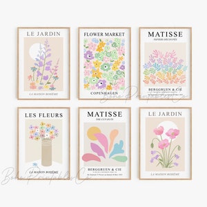 Pastel Floral Print Set of 6, Flower Market Poster Set, DIGITAL DOWNLOAD, Pastel Danish Decor, Matisse Botanical Gallery Wall Set