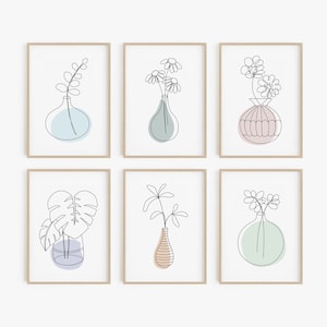 Juego de 6 impresiones de arte lineal botánico minimalista, arte de pared imprimible con diseño floral en jarrón abstracto, dibujo lineal de flores, juego de galería para pared, DESCARGA DIGITAL