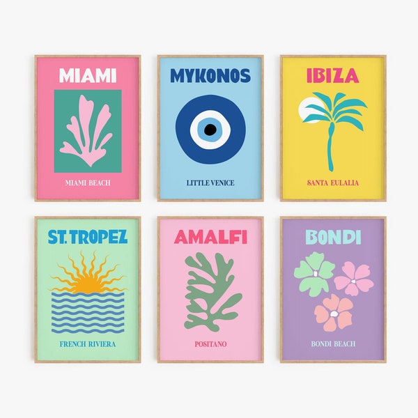 Travel Print Set of 6, Gallery Wall Set, Printable Wall Art, DIGITAL DOWNLOAD, Colorful Travel Poster, Mykonos Ibiza Miami Bondi Capri Print