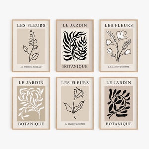 ニュートラルな植物プリント 6 枚セット、Les Fleurs プリント、デジタル ダウンロード、フランスの壁アート、ヴィンテージ フローラル 展示会ポスター、ボヘミアン ウォール デコレーション