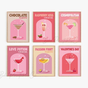 Arte de pared imprimible de cócteles para el día de San Valentín, juego de 6 impresiones de cócteles retro, DESCARGA DIGITAL, decoración de pared de carrito de bar, paquete de pósteres de bebidas lindas