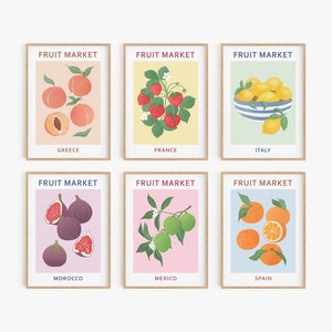 Fruit Market Print Set of 6, DIGITAL DOWNLOAD, Peach Lemon Orange Fruit Market Posters, Colourful Wall Art, Botanical Gallery Wall Set