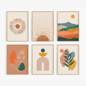 Boho Gallery Wall Set of 6 Prints, Abstract Boho Printable Wall Art, Terracotta Mustard Sun Prints, Mid Century Modern Art, DIGITAL DOWNLOAD