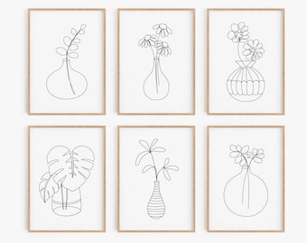 Botanische Linie Kunstdruck-Set 6, einfache druckbare Blumenwandkunst DIGITAL DOWNLOAD Minimalistisches Galeriewandset, schwarz-weiße Minimaldrucke