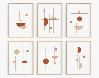 Könnte beinhalten: Satz von sechs minimalistischen abstrakten Kunstdrucken in Braun, Beige und Rosa. Jeder Druck zeigt geometrische Formen, darunter Kreise, Halbkreise und Quadrate, die in einem modernen und stilvollen Design angeordnet sind.
