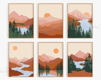Boho Landscape Print Set of 6, DIGITAL DOWNLOAD, Abstract Mountain Trees Printable Wall Art, Terracotta Gallery Wall Set, Boho Wall Decor
