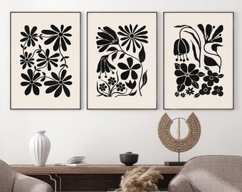 Svartbeige blommönster set med 3, abstrakt botanisk utskrivbar väggkonst, digital nedladdning, neutral boho tavelväggset, modern heminredning