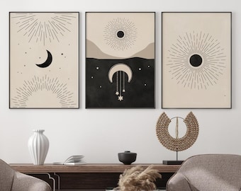Celestial Prints Set of 3, Sun Moon Stars Printable Wall Art, Neutral Boho Gallery Wall Mid Century Modern Art Witchy Decor Digital Download