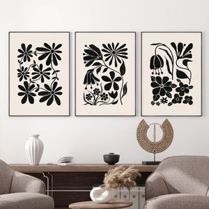 Black Beige Floral Print Set of 3, Abstract Botanical Printable Wall Art, DIGITAL DOWNLOAD, Boho Gallery Wall Set, Modern Home Decor