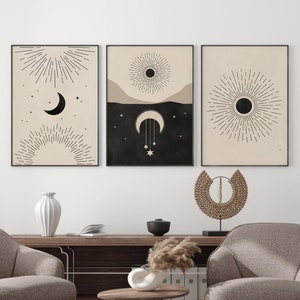 Celestial Prints Set of 3, Sun Moon Stars Printable Wall Art, Neutral Boho Gallery Wall Mid Century Modern Art Witchy Decor Digital Download