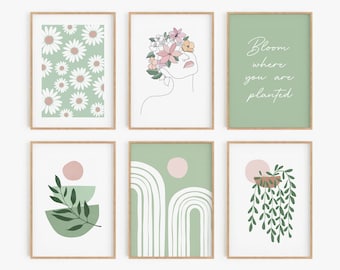 Sage Green Blush Pink Print Set of 6, Botanical Gallery Wall Set, DIGITAL DOWNLOAD, Minimalist Printable Wall Art, Boho Downloadable Art