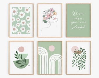 Sage Green Blush Pink Print Set of 6, Botanical Gallery Wall Set, DIGITAL DOWNLOAD, Minimalist Printable Wall Art