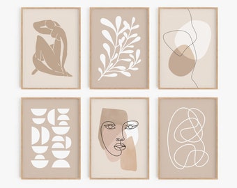 May include: Set of six minimalist art prints featuring abstract shapes, line drawings, and organic forms in neutral tones of brown and white. The prints are framed in a light wood frame.