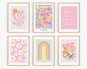 Pink Orange Gallery Wall Set, Floral Art Print Set of 6, DIGITAL DOWNLOAD, Flowers Printable Wall Art, Botanical Poster Set, Boho Wall Decor