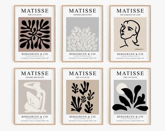 May include: Six minimalist art prints featuring black and white cut-out designs by Henri Matisse. The prints have a beige, gray, or light brown background and feature the text "MATISSE" and "BERGGRUEN & CIE".