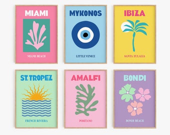 Travel Print Set of 6, Gallery Wall Set, Printable Wall Art, DIGITAL DOWNLOAD, Colorful Travel Poster, Mykonos Ibiza Miami Bondi Capri Print