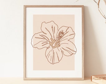 Hibiscus Flower Line Drawing, Printable Wall Art, Floral One Line Art Print, Abstract Botanical, Neutral Minimalist Print, DIGITAL DOWNLOAD