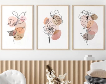 Abstract Flower Line Art Prints, Set of 3 Minimal Floral Line Drawing, Blush Beige Neutral PRINTABLE Wall Art, Botanical Poster Downloadable