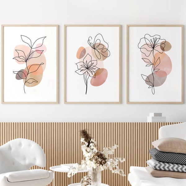 Abstract Flower Line Art Prints, Set of 3 Minimal Floral Line Drawing, Blush Beige Neutral PRINTABLE Wall Art, Botanical Poster Downloadable