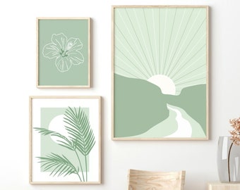 Sage Green Print Set of 3, Boho Gallery Wall Set, Abstract Printable Wall Art, Botanical Line Art, Floral Wall Decor, DIGITAL DOWNLOAD