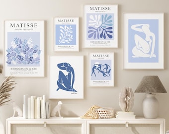 Zestaw 6 niebieskich wydruków Matisse'a, plakat wystawy Henri Matisse'a, POBIERANIE CYFROWE, minimalistyczny zestaw ścienny do galerii, abstrakcyjna sztuka ścienna do druku