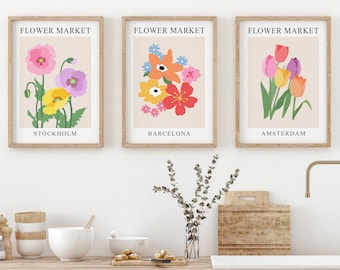 Flower Market Print Set of 3, Abstract Floral Printable Wall Art, DIGITAL DOWNLOAD, Botanical Gallery Wall Set, Flower Market Poster