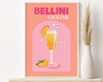 Bellini Cocktail Print, Bunter Cocktail druckbare Wandkunst, DIGITALER DOWNLOAD, Barwagen-Dekor, Retro Cocktail Poster, Barwagen-Wandkunst